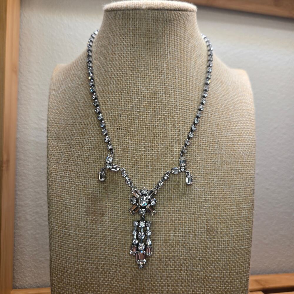 VTG Clear Crystal Rhinestone Lavalier Drop Choker Statement Necklace 16"
